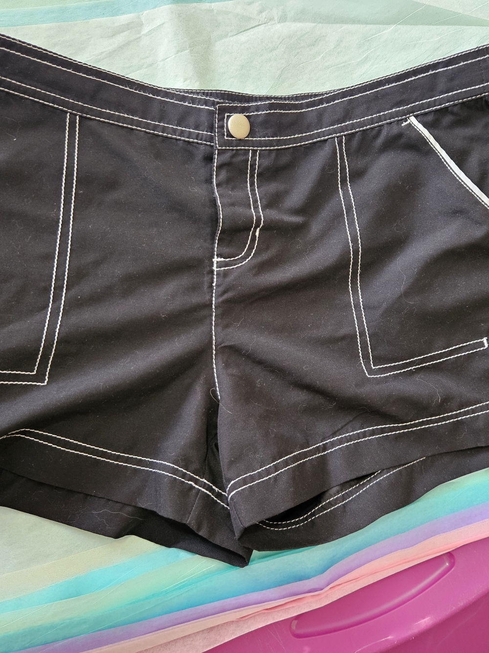 Fashion Bug Women's Black High Waist Swim Shorts with White Stitching